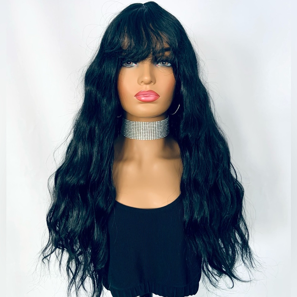 “Put On & Go” Long Black Premium Fiber Wig with Bangs for Goth/Halloween/Events🖤